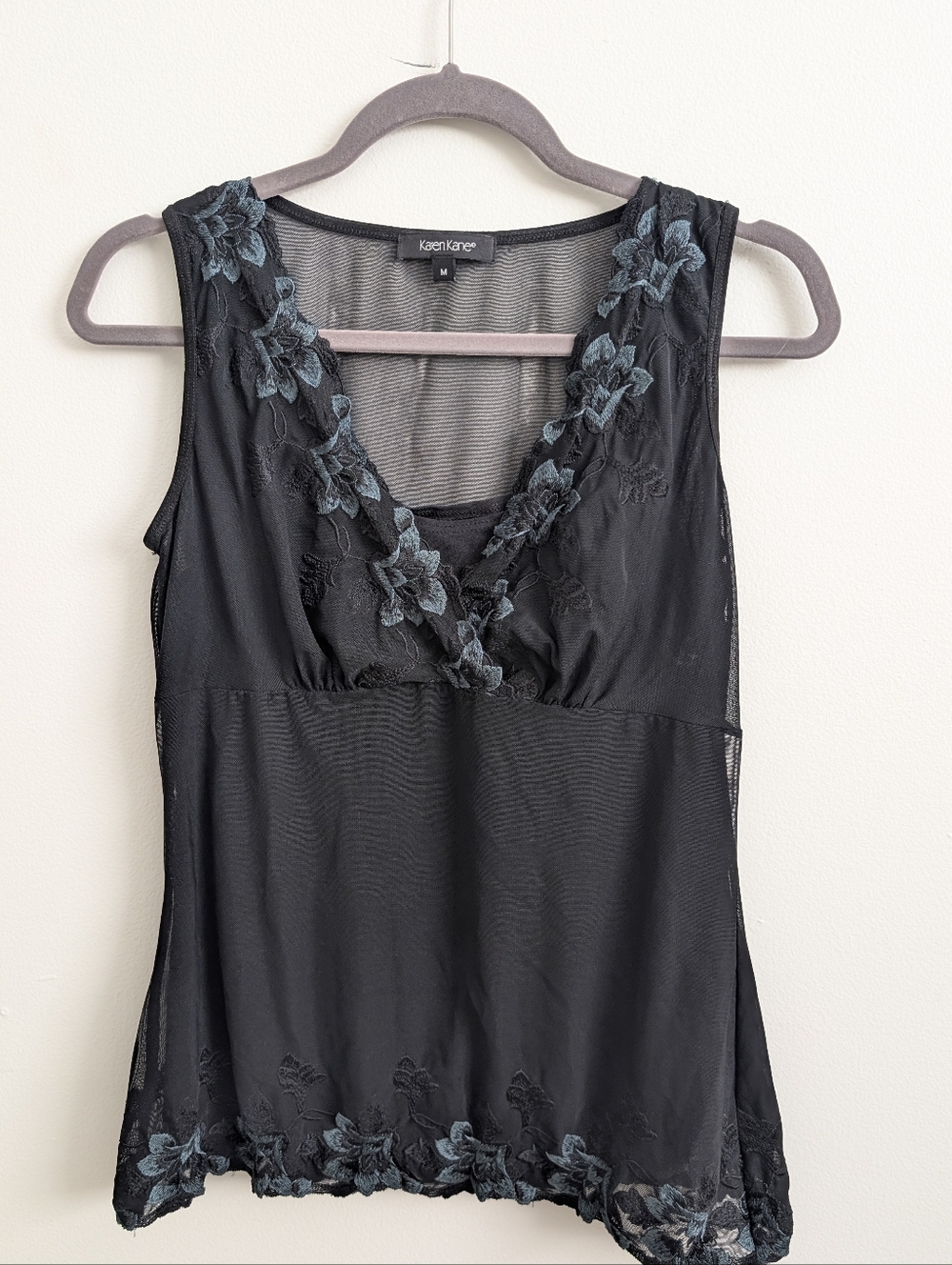 Karen Kane Black Mesh Tank with Dark Teal Floral Embroidery